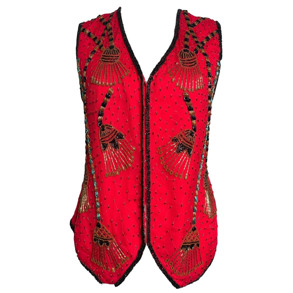 Lawrence Kazar 90s Silk Beaded Vest L Red Black Whimsigoth Holiday Glam
